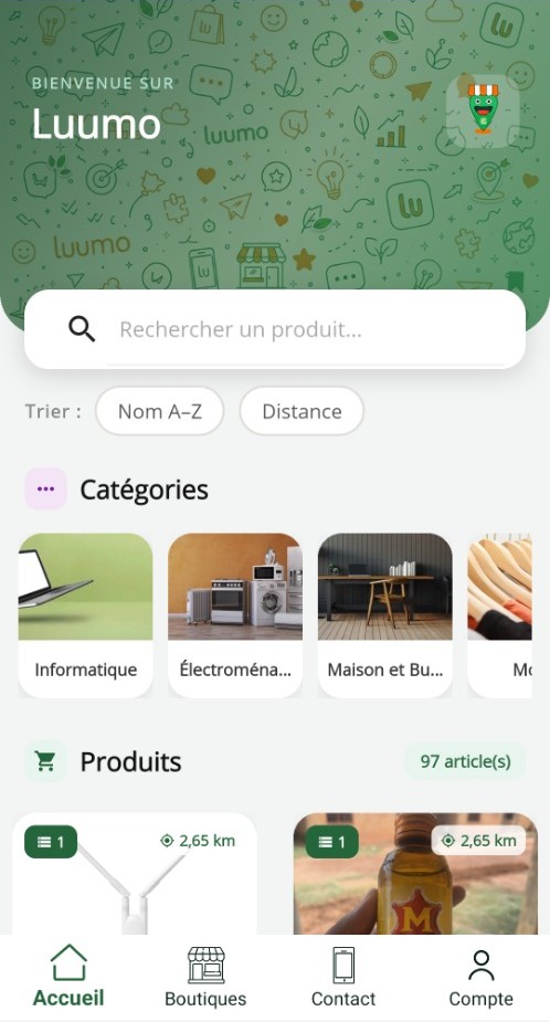 Capture d'écran réelle de l'accueil Luumo